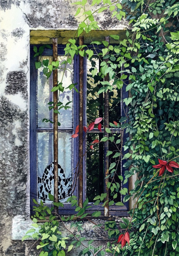 Fenêtre et dentelles (53x37cm) <br/>© Aquarelle Brigitte Willers.