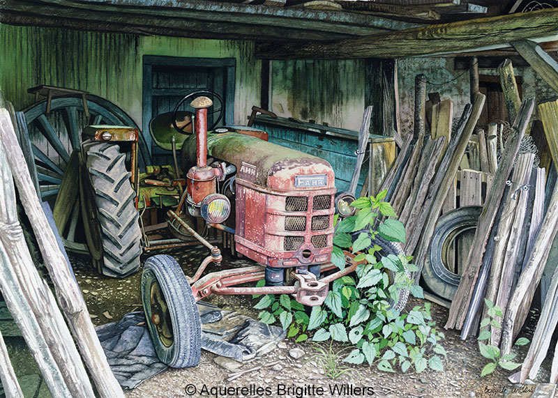 Le vieux tracteur (40 x 56 cm)<br/>© Aquarelle Brigitte Willers.